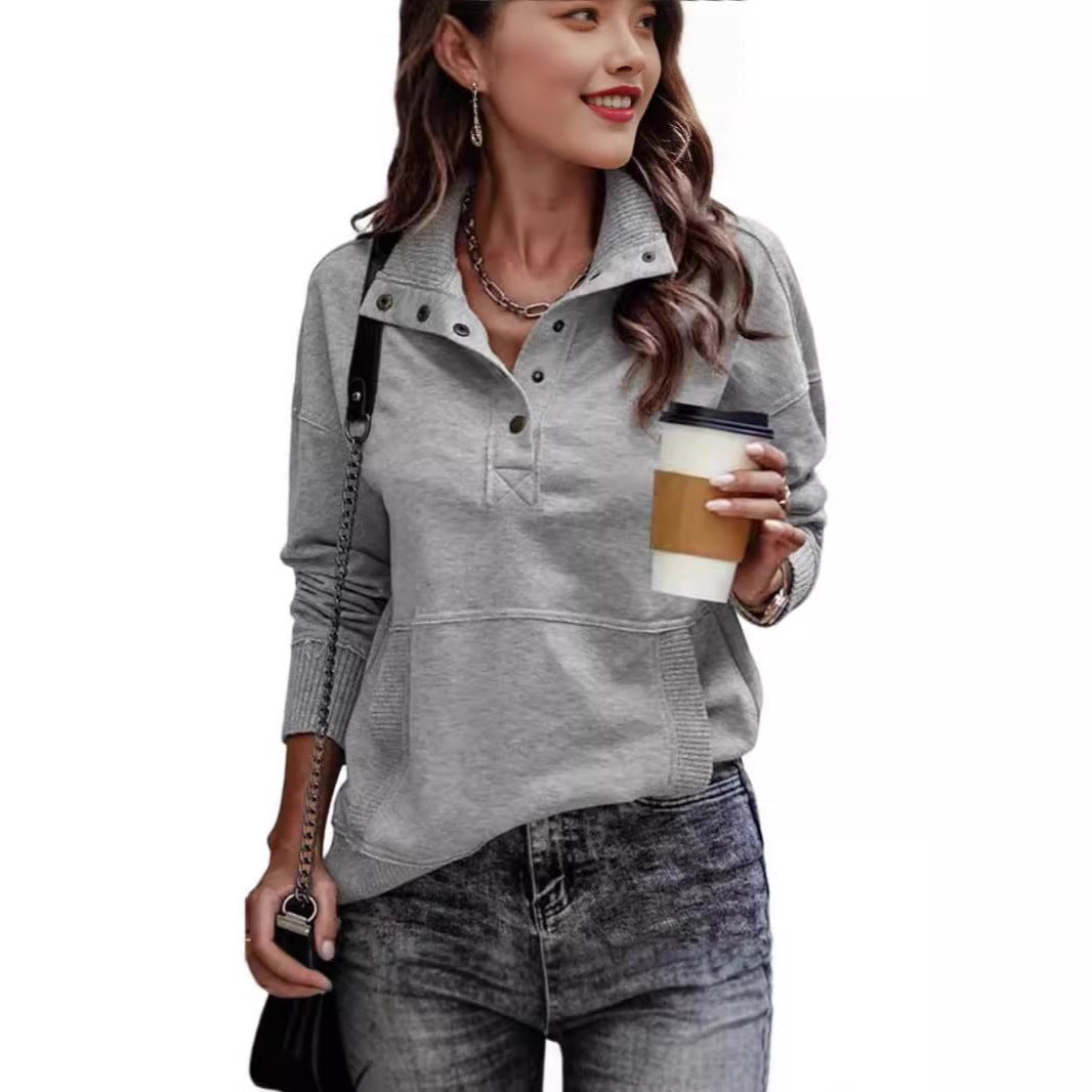 Damen Sweatpullover mit Stehkragen-Knopfleiste und Kängurutasche Shop Nory