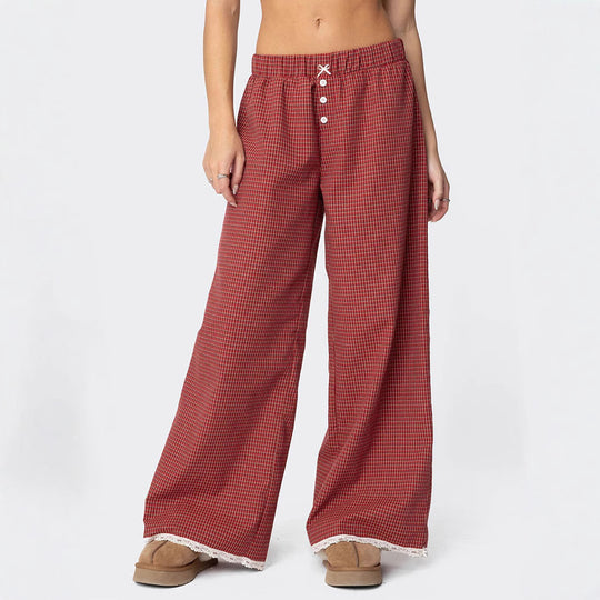Damen Weite Lounge-Hose mit Gummibund, Knopfleiste & Spitzenbesatz Shop Nory