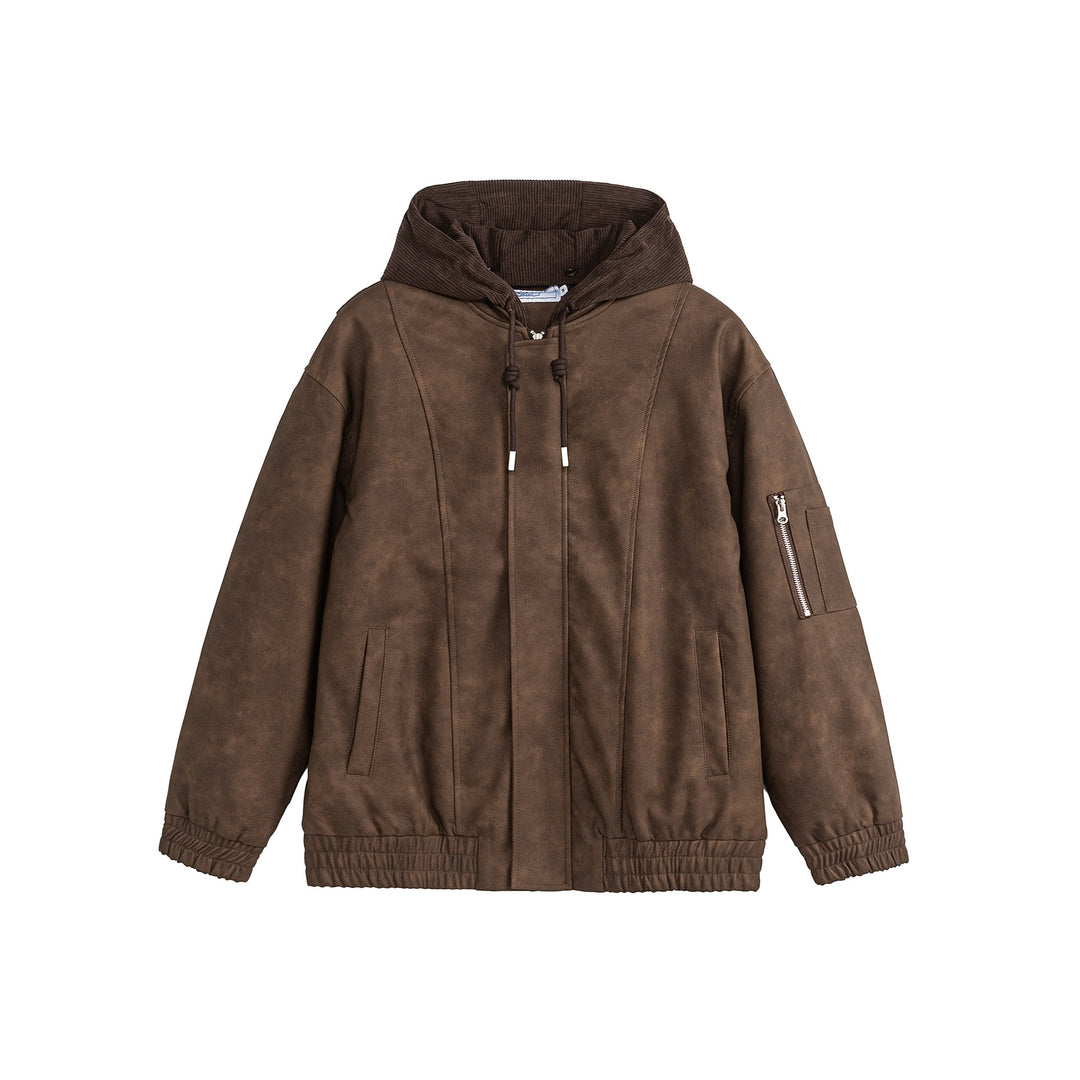 Unisex Boxy-wattierte Kapuzen‑Bomberjacke mit Veloursoptik, Cordkragen und Ärmel‑Zip Shop Nory