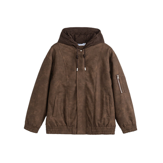Unisex Boxy-wattierte Kapuzen‑Bomberjacke mit Veloursoptik, Cordkragen und Ärmel‑Zip Shop Nory