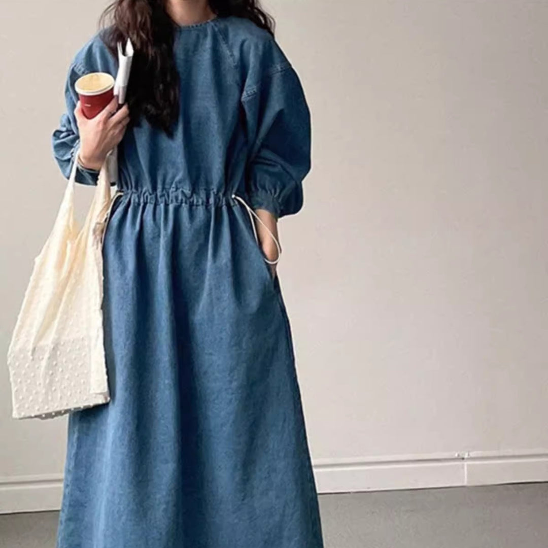 Damen Denim-Midikleid mit Kordelzugtaillierung Shop Nory