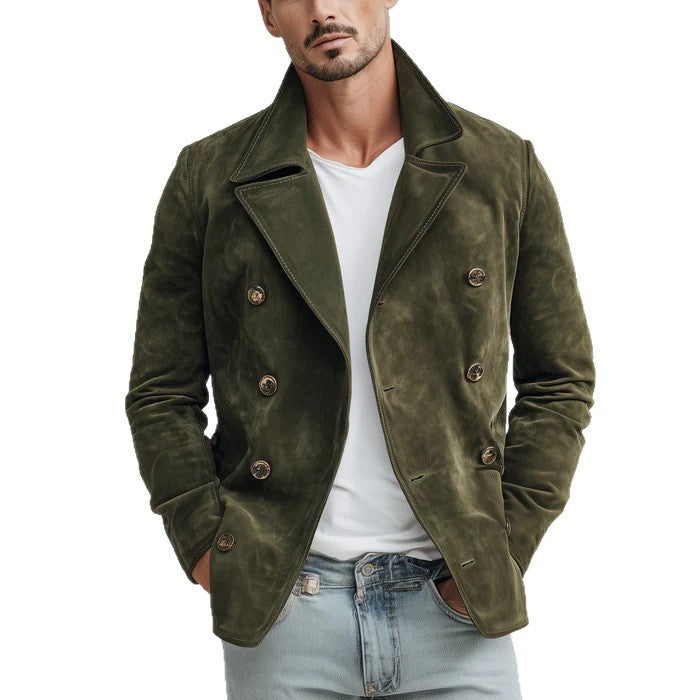 Herren Doppelreihige Velourslederjacke im Kurzmantel-Blouson mit markantem Revers Shop Nory