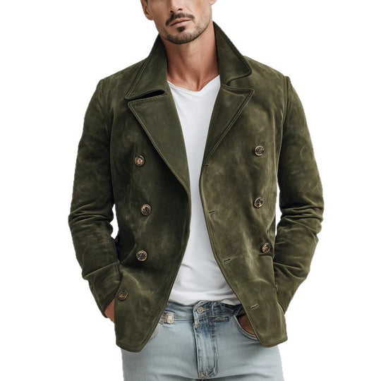 Herren Doppelreihige Velourslederjacke im Kurzmantel-Blouson mit markantem Revers Shop Nory
