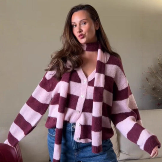 Damen Oversize Strickcardigan-Set mit Blockstreifen, Knopfleiste und passendem Schal Shop Nory