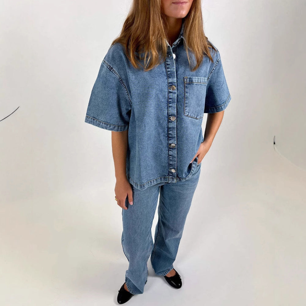 Damen Oversized Denim-Hemd mit kurzen Ärmeln und aufgesetzten Taschen