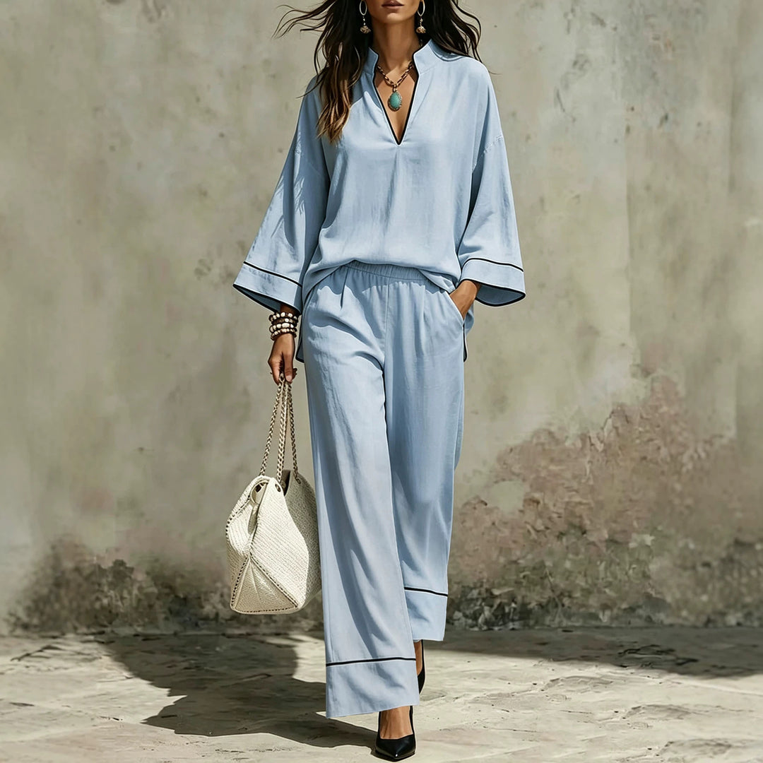 Damen Lässiges zweiteiliges Leinenoptik-Loungewear-Set mit Stehkragen, V-Ausschnitt und weitem Beinschnitt Shop Nory