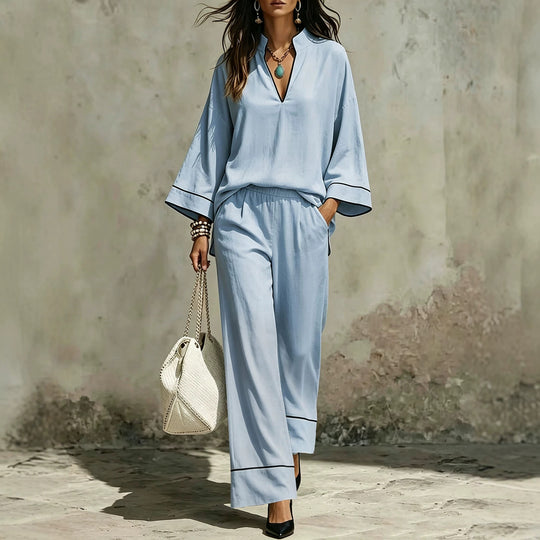 Damen Lässiges zweiteiliges Leinenoptik-Loungewear-Set mit Stehkragen, V-Ausschnitt und weitem Beinschnitt Shop Nory