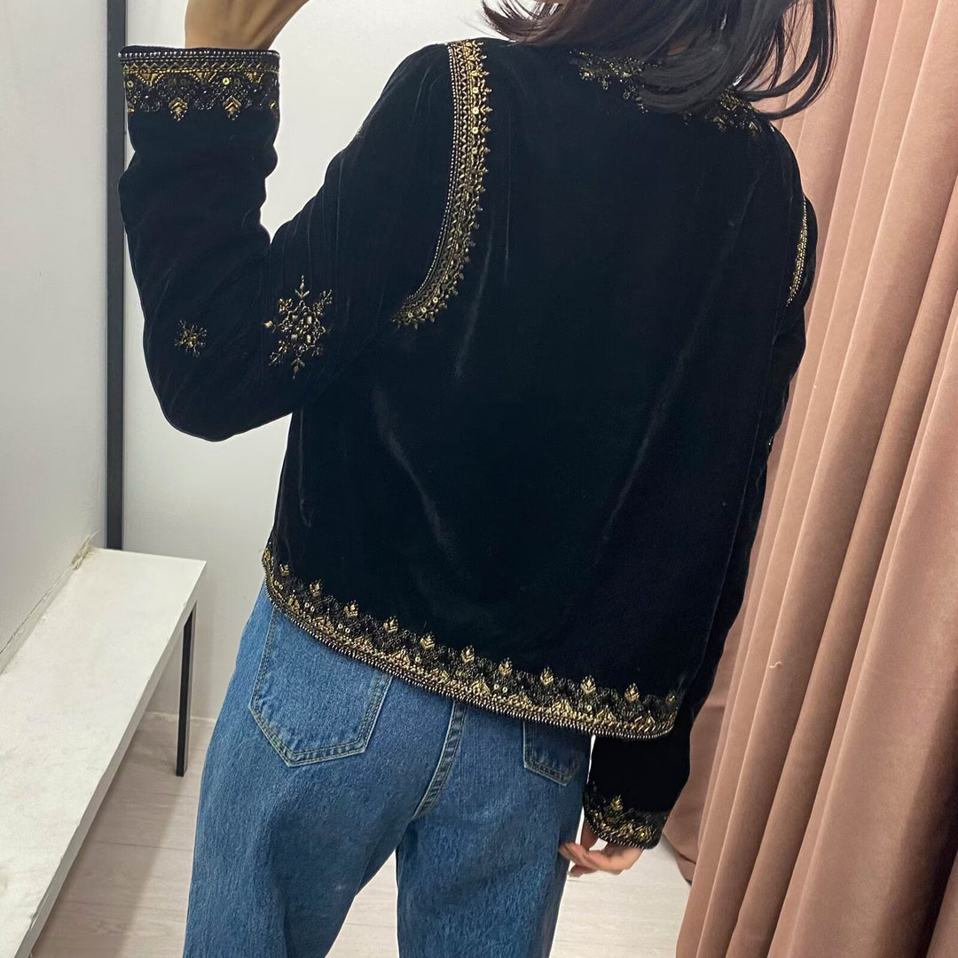 Damen Kurzsametjacke mit filigraner Metallstickerei und Perlenbesatz Shop Nory