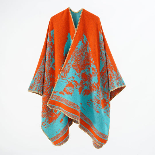 Damen Capeponcho aus Wollmix mit zweifarbiger Jacquardstruktur und Zierstichrand Shop Nory