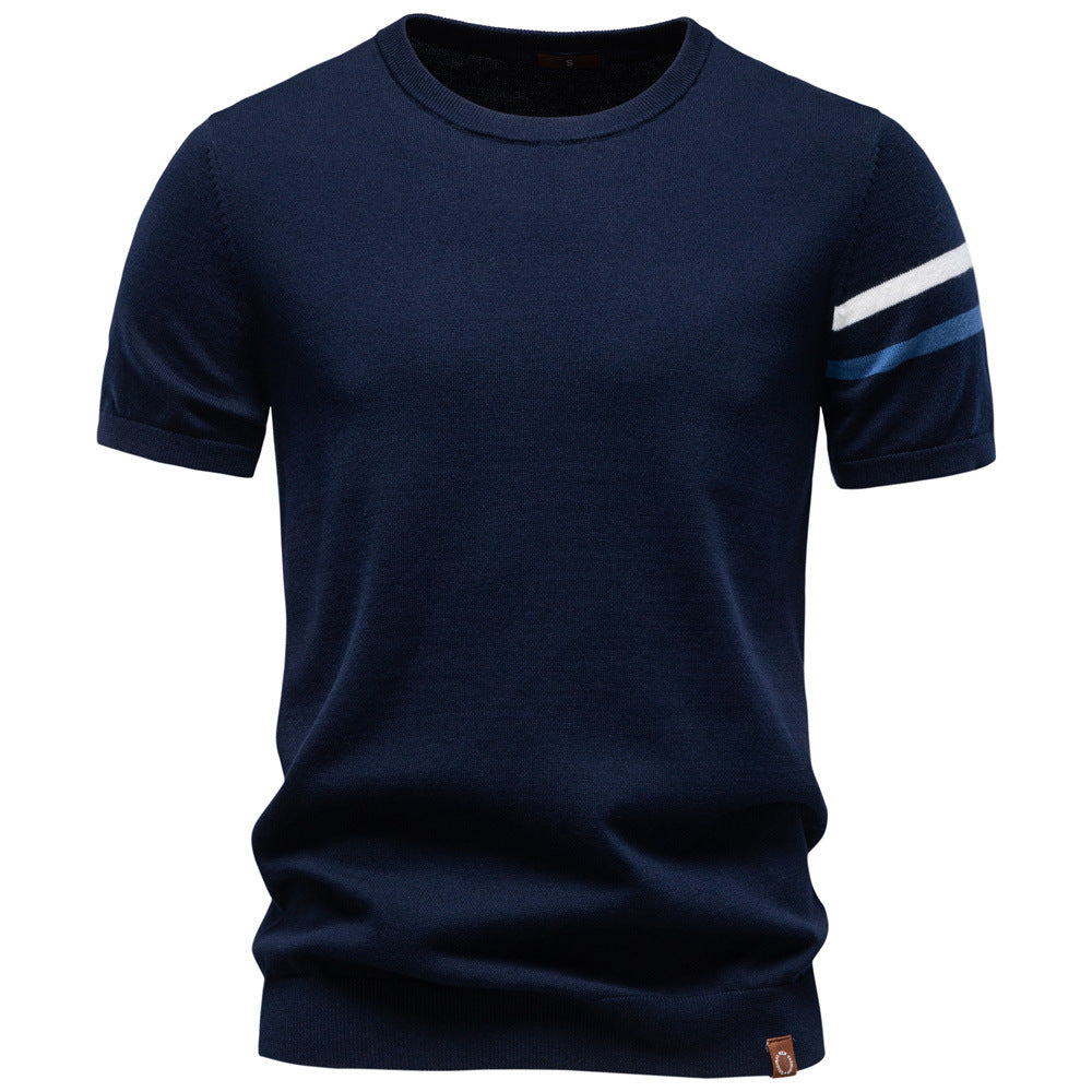 Herren nan feines Baumwollstrickshirt mit Rundhalsausschnitt kurzärmelig und kontrastierenden Ärmelstreifen Shopnory