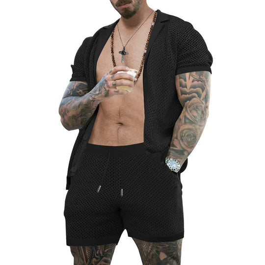Herren nan offener Netzstrick-Cardigan mit passenden Kordelzug-Shorts