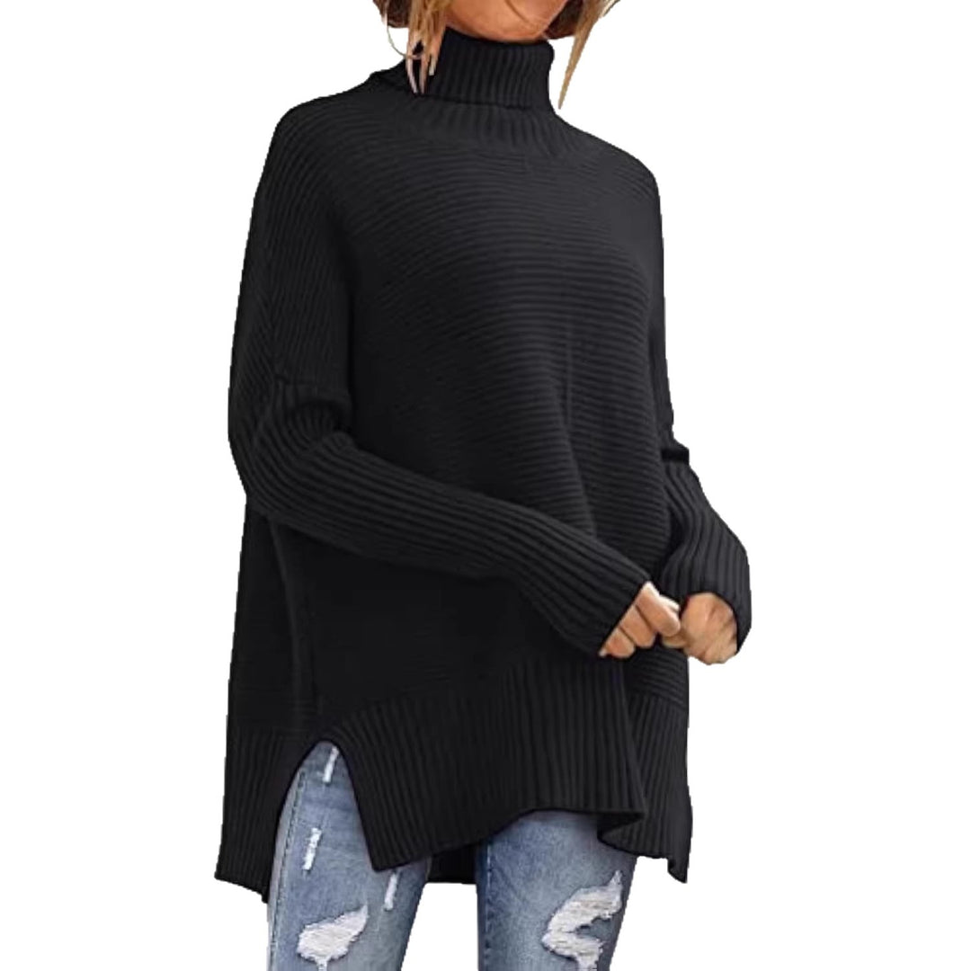 Damen Oversize-Rippenstrick Rollkragenpullover mit Seitenschlitzen und verlängertem Saum Shop Nory