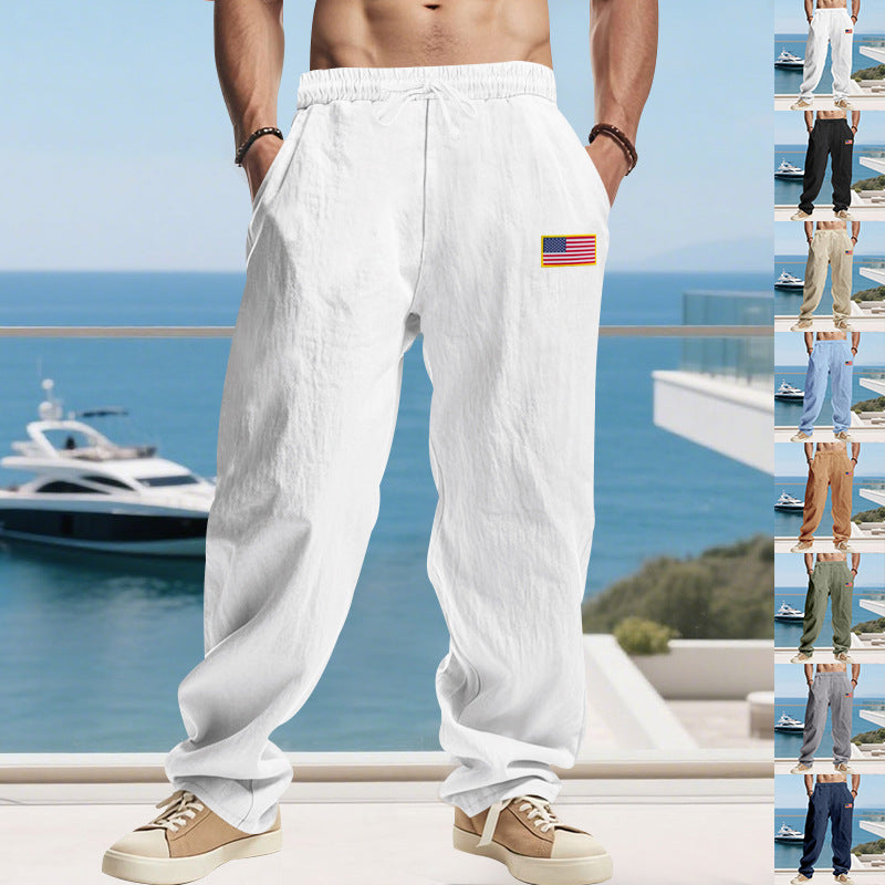 Herren Maritime Relaxed‑Fit Leinenoptik-Freizeithose mit Tunnelzug & Flaggen-Patch Shop Nory