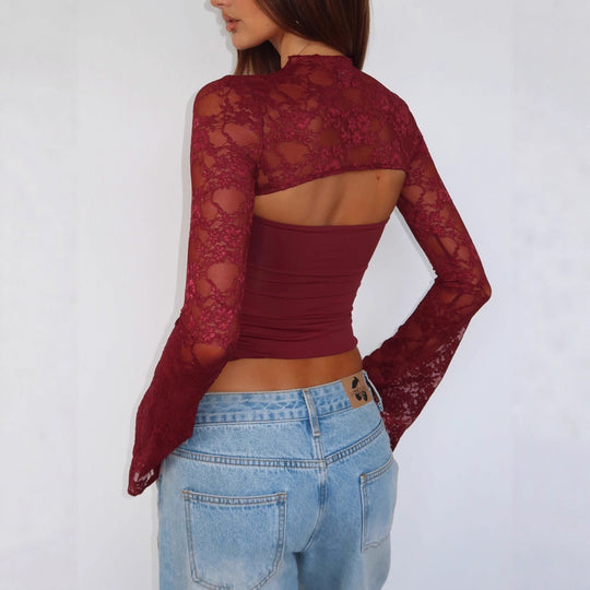 Damen Elegantes Oberteil mit transparenten Ärmeln und hochwertiger Spitze