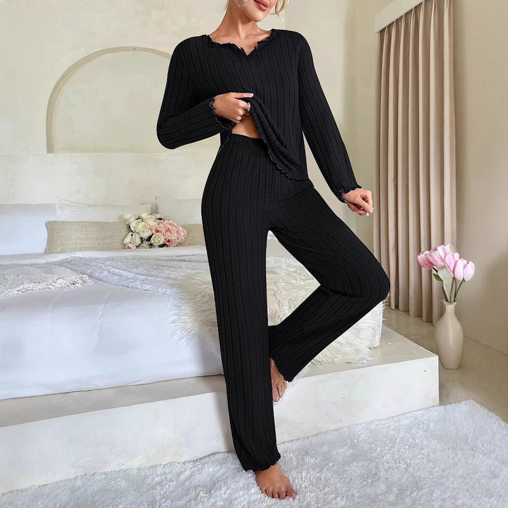 Damen Gemütlicher zweiteiliger Pyjama mit kontrastierenden Rüschen