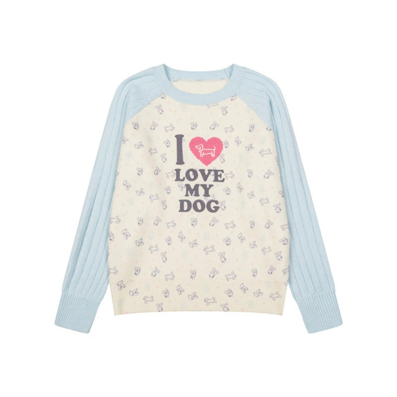 Damen Gestrickter Raglanpullover mit Herz‑Hundemotiv, Rippärmeln und Allover-Print Shop Nory