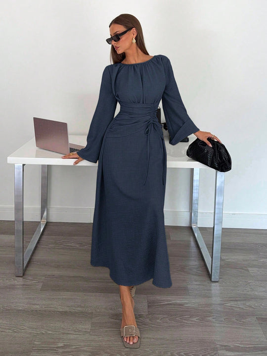 Damen Maxikleid mit geraffter Taillen-Schnürung, weiten Ärmeln und fließendem Rock Shop Nory
