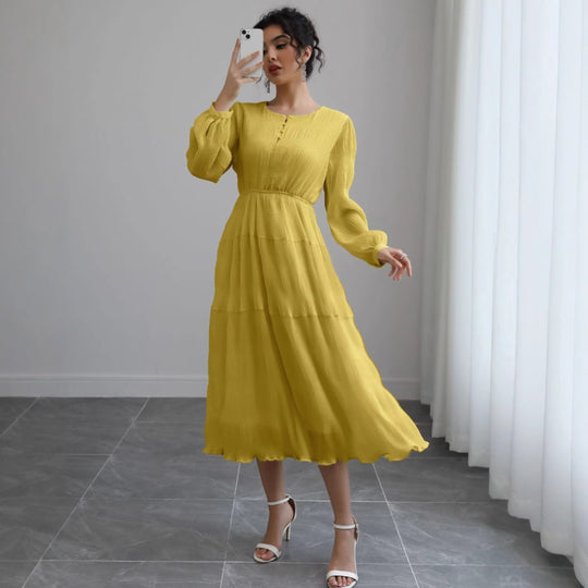 Damen Midikleid aus Crêpe mit Stufenrock, geraffter Taille und Ballonärmeln Shop Nory