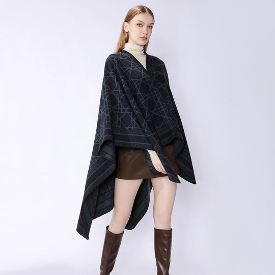 Damen Wendbarer Jacquard-Capeponcho mit geometrischem Allovermuster und offenem Kimono-Fall Shop Nory