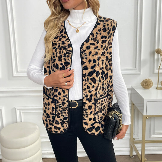 Damen Gefütterte Teddy‑Weste mit Leopardenmuster und aufgesetzten Taschen Shop Nory
