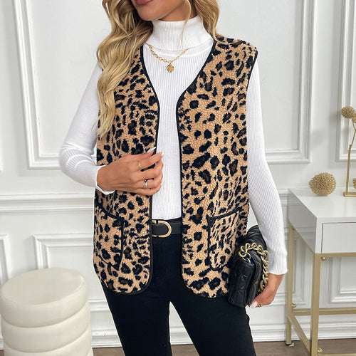 Damen Gefütterte Teddy‑Weste mit Leopardenmuster und aufgesetzten Taschen Shop Nory