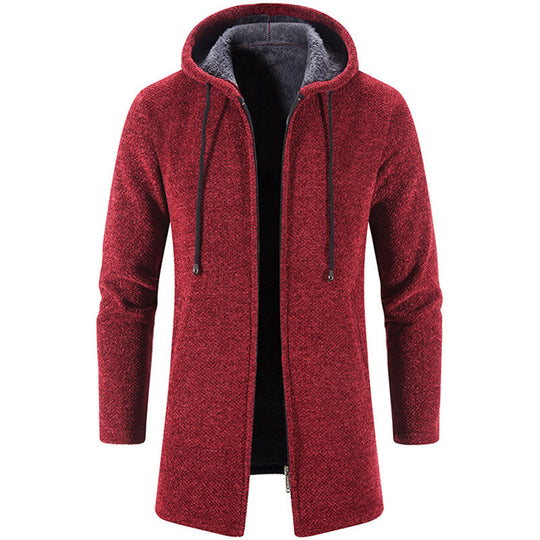 Herren langer Kapuzenstrickmantel mit Teddyfutter, durchgehendem Reißverschluss und seitlichen Eingrifftaschen Shop Nory