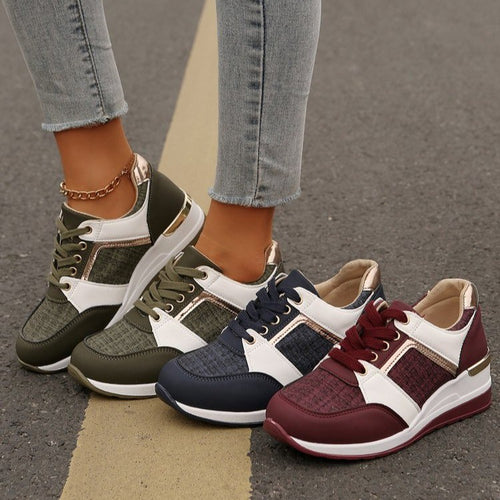 Damen sportive Keil-Sneaker mit strukturiertem Strickmix gepolstertem Komfortfußbett und goldenen Akzenten Shop Nory