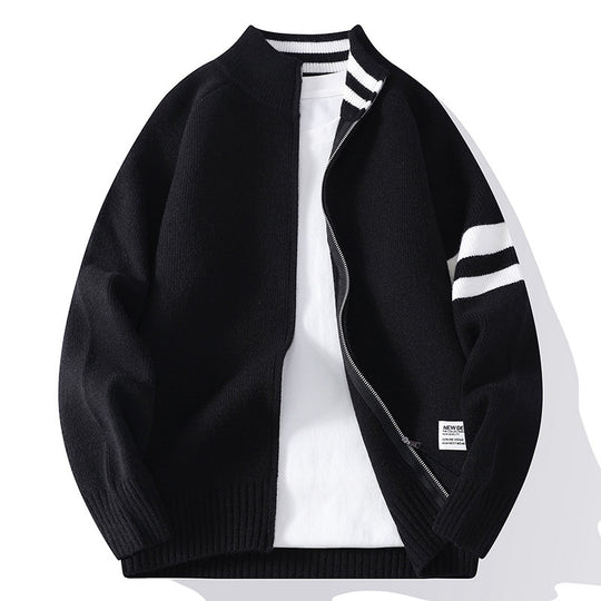 Herren gestrickte Zip-Cardigan im College-Stil mit gestreiftem Ärmelband und geripptem Stehkragen Shop Nory