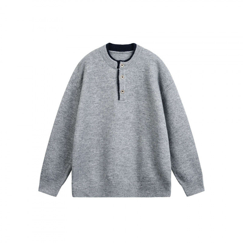 Unisex Grobgestrickter Henley-Pullover mit halber Knopfleiste und geripptem Ausschnitt Shop Nory