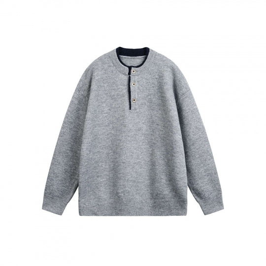 Unisex Grobgestrickter Henley-Pullover mit halber Knopfleiste und geripptem Ausschnitt Shop Nory