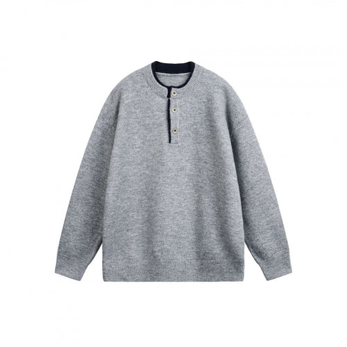 Unisex Grobgestrickter Henley-Pullover mit halber Knopfleiste und geripptem Ausschnitt Shop Nory