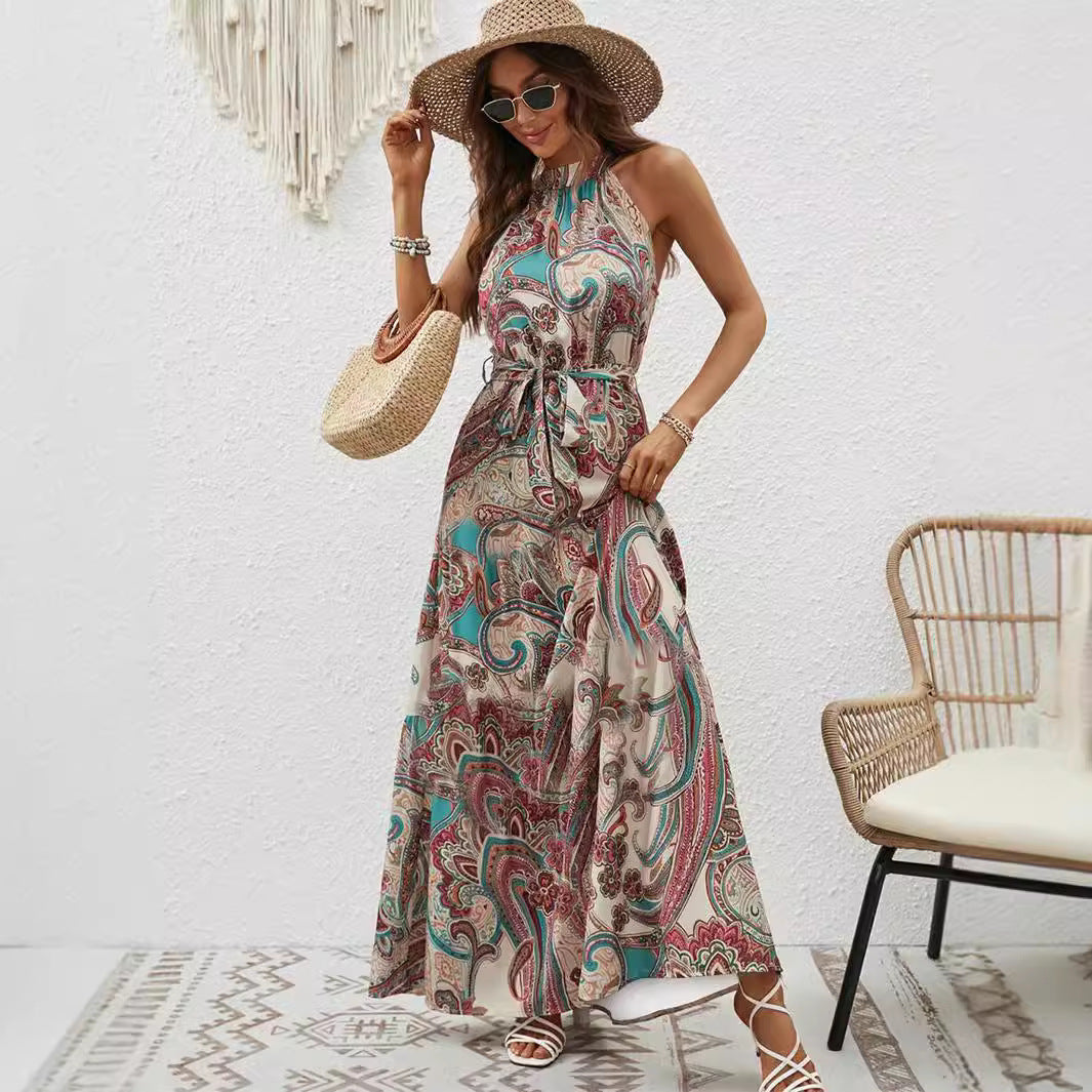 Damen Maxikleid Im Boho-Stil mit Hohem Kragen und Bindegürtel