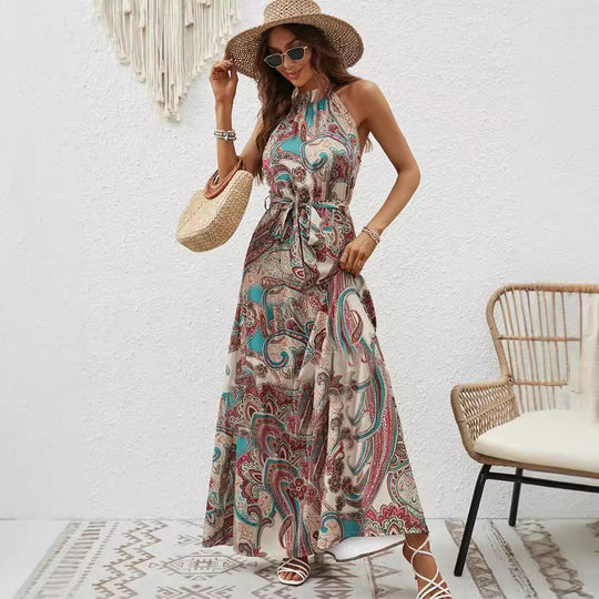 Damen Maxikleid Im Boho-Stil mit Hohem Kragen und Bindegürtel