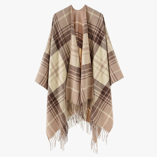 Damen Cape‑Poncho im Oversize‑Deckenstil mit tartanartigem Karomuster und Fransensaum Shop Nory