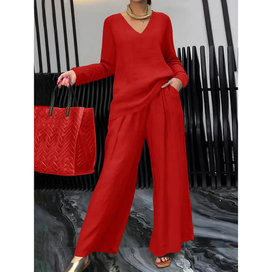 Damen Feiner V-Ausschnitt Strickpullover mit fließender Palazzo-Hose Shop Nory