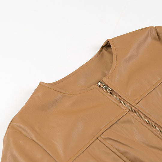 Damen Lederjacke ohne Kragen mit taillierter Passform und durchgehendem Reißverschluss Shop Nory