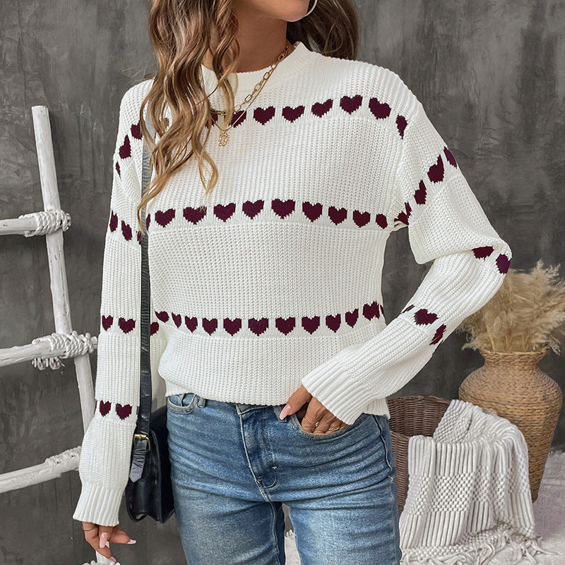 Damen Strickpullover mit Herz-Jacquard, Oversize-Rundhals & Rippbündchen Shop Nory