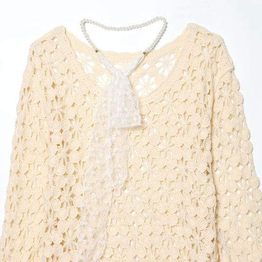 Damen Häkelpullover mit floraler Lochoptik, scallop Saum und zartem Schleifenband Shop Nory