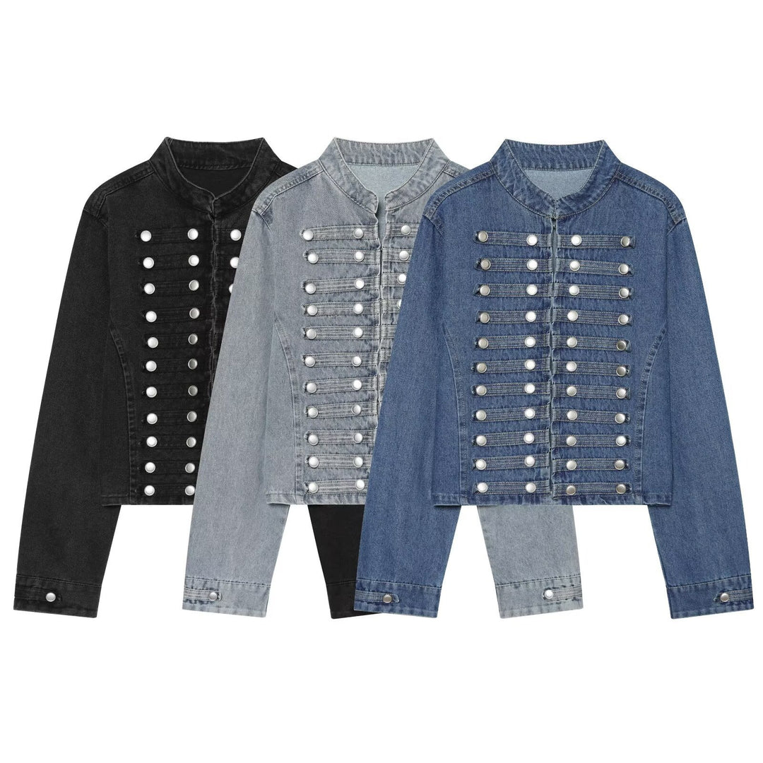 Damen Kurz geschnittene Denimjacke im Militärstil mit Stehkragen und Zierknopfreihen Shop Nory