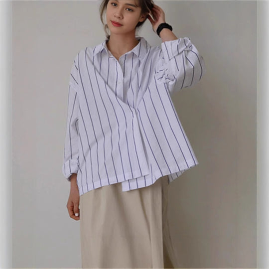 Damen Oversize-Kastenhemdbluse aus Leinen-Baumwollmix mit vertikaler Nadelstreifen-Optik und legerer Silhouette Shop Nory