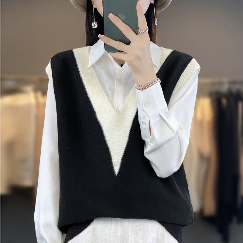 Damen Strukturiertes Feinstrick-Longvest mit tiefem V-Ausschnitt und kontrastierendem V-Paneel Shop Nory