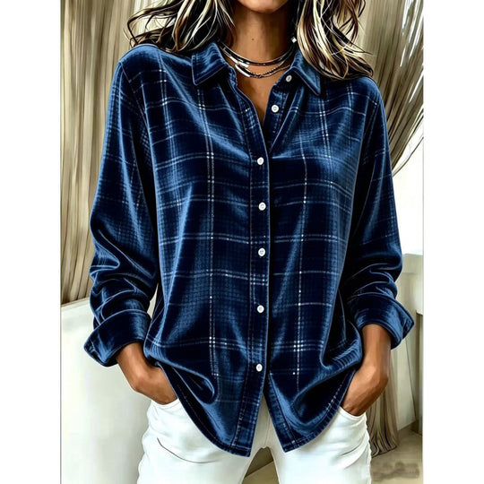 Damen Samt-Hemdbluse mit Karomuster und lockerem Oversize-Schnitt Shop Nory