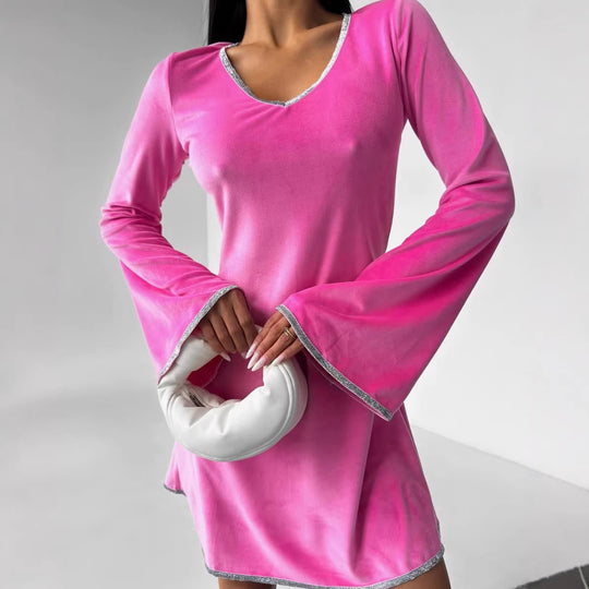 Damen Samt-Minikleid mit ausgestellten Glockenärmeln und Strassbesatz Shop Nory