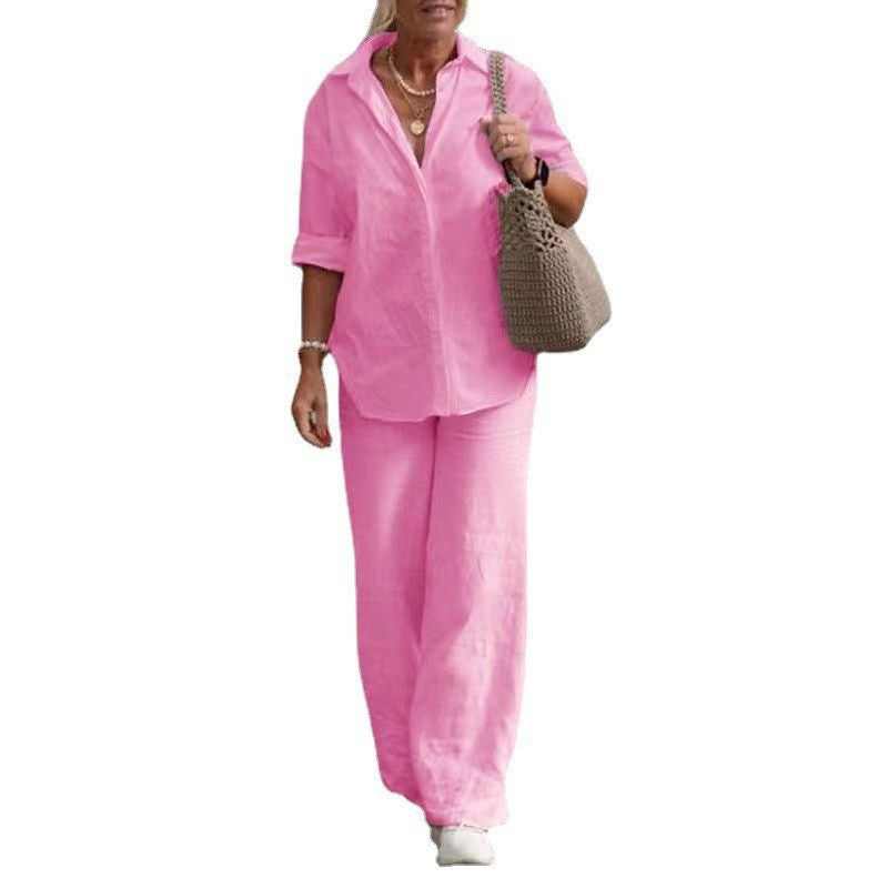 Damen Leichtes Leinen-Optik Zweiteiler mit Oversize-Hemd und weiter Palazzohose Shop Nory