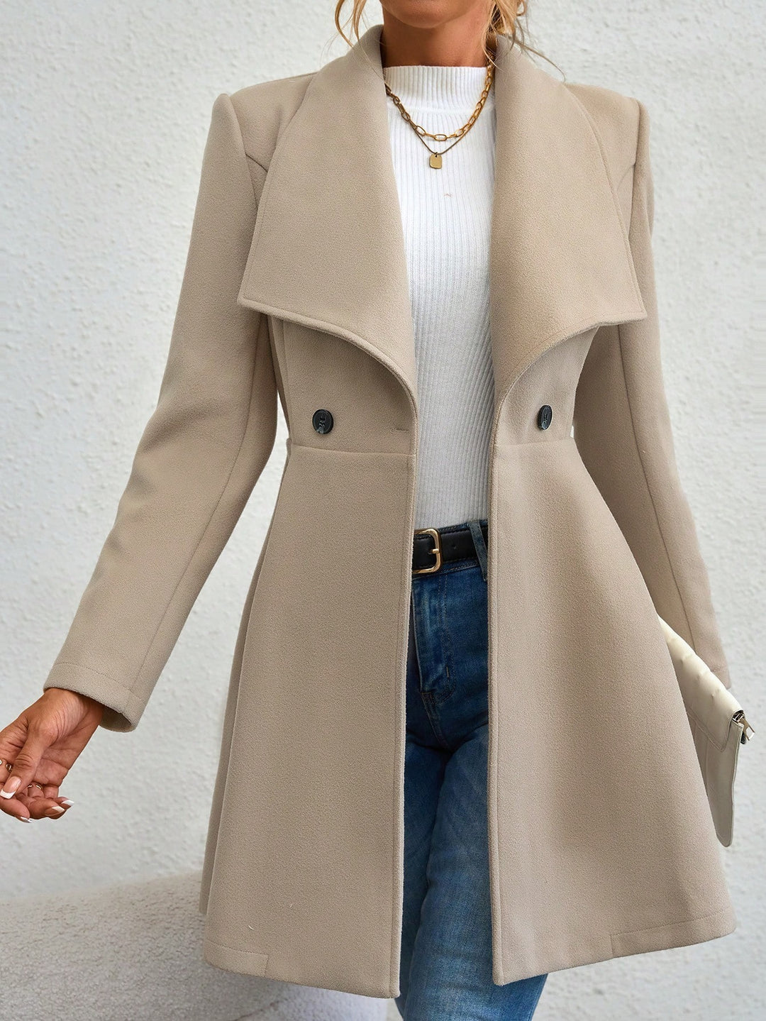 Damen Taillierter Kurzmantel mit Wasserfallkragen und ausgestelltem Schößchen Shop Nory