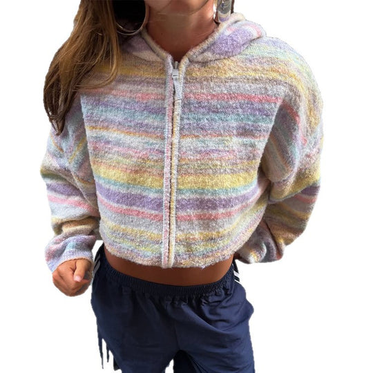 Damen Gekürzte Kapuzen-Strickjacke im Fluffy-Streifenmuster mit Reißverschluss und Boxy-Schnitt Shop Nory