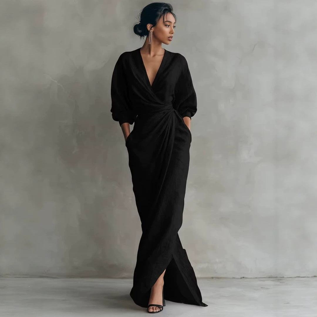 Damen Wickel-Maxikleid aus Leinenmix mit tiefem V-Ausschnitt und Ballonärmeln Shop Nory