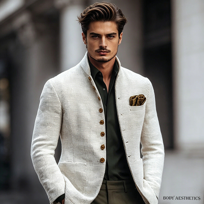 Herren Strukturierter Leinenblazer mit Stehkragen und dekorativer Knopfreihe Shop Nory