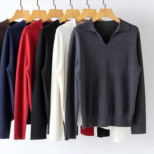 Damen feiner leichter V-Ausschnitt-Pullover mit offenem Hemdkragen und legerer Silhouette Shop Nory