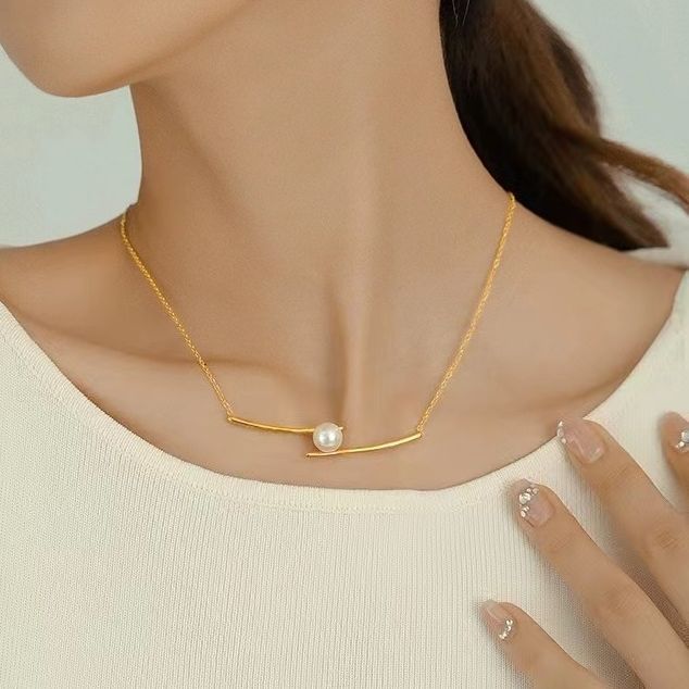 Damen Minimalistische Gebogene Stab Halskette mit Perlenakzent Shop Nory